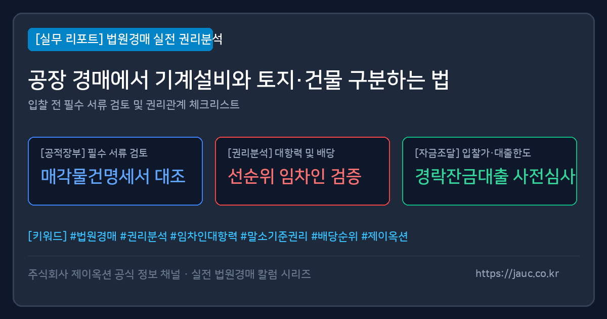 공장 경매에서 토지·건물과 기계설비를 구분해 보는 체크리스트 그래픽