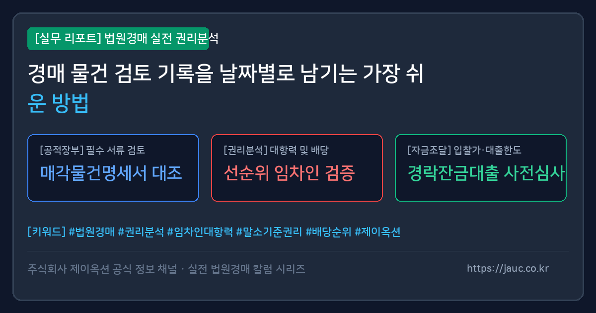 날짜별 경매 물건 검토 메모와 체크리스트를 정리한 문서형 그래픽