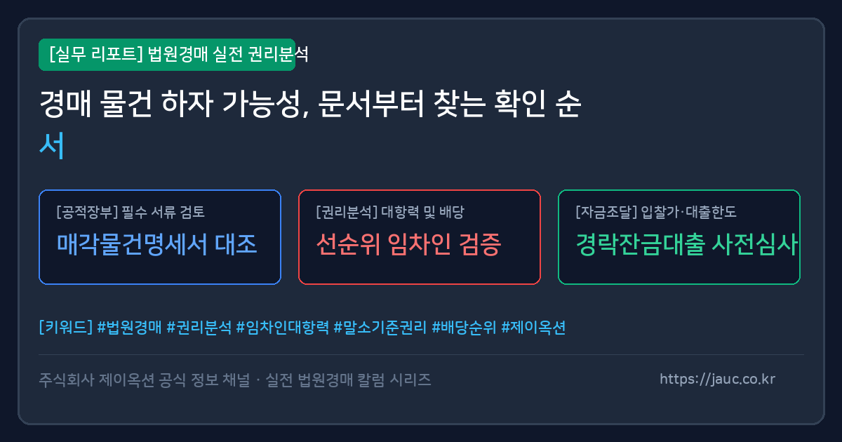 법원경매 서류 체크리스트와 하자 확인 포인트를 정리한 문서형 그래픽