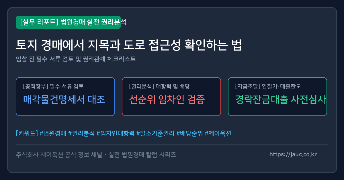 토지 경매에서 지목과 도로 접근성 확인 절차를 정리한 체크리스트 그래픽