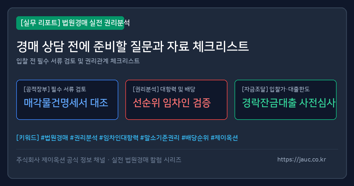 경매 상담 전 준비 자료와 질문 체크리스트를 정리한 문서형 그래픽