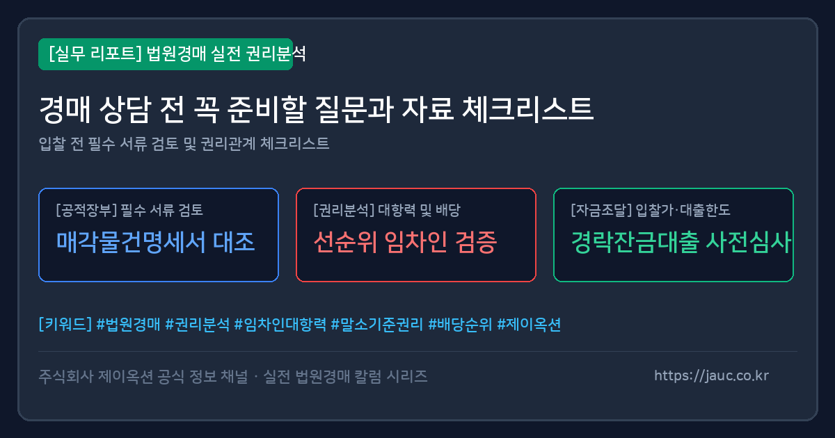 경매 상담 전 준비할 서류와 질문을 정리한 체크리스트 그래픽