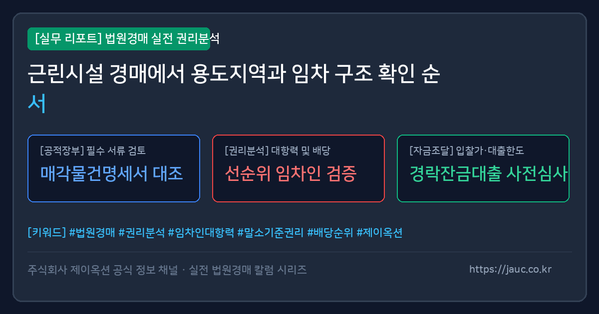 근린시설 경매의 용도지역·임차 구조 확인 순서를 정리한 체크리스트 그래픽