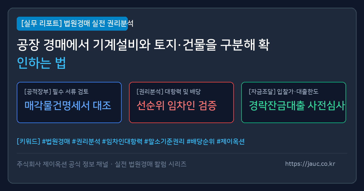 공장 경매에서 토지·건물과 기계설비를 구분 확인하는 항목별 체크리스트 문서 그래픽