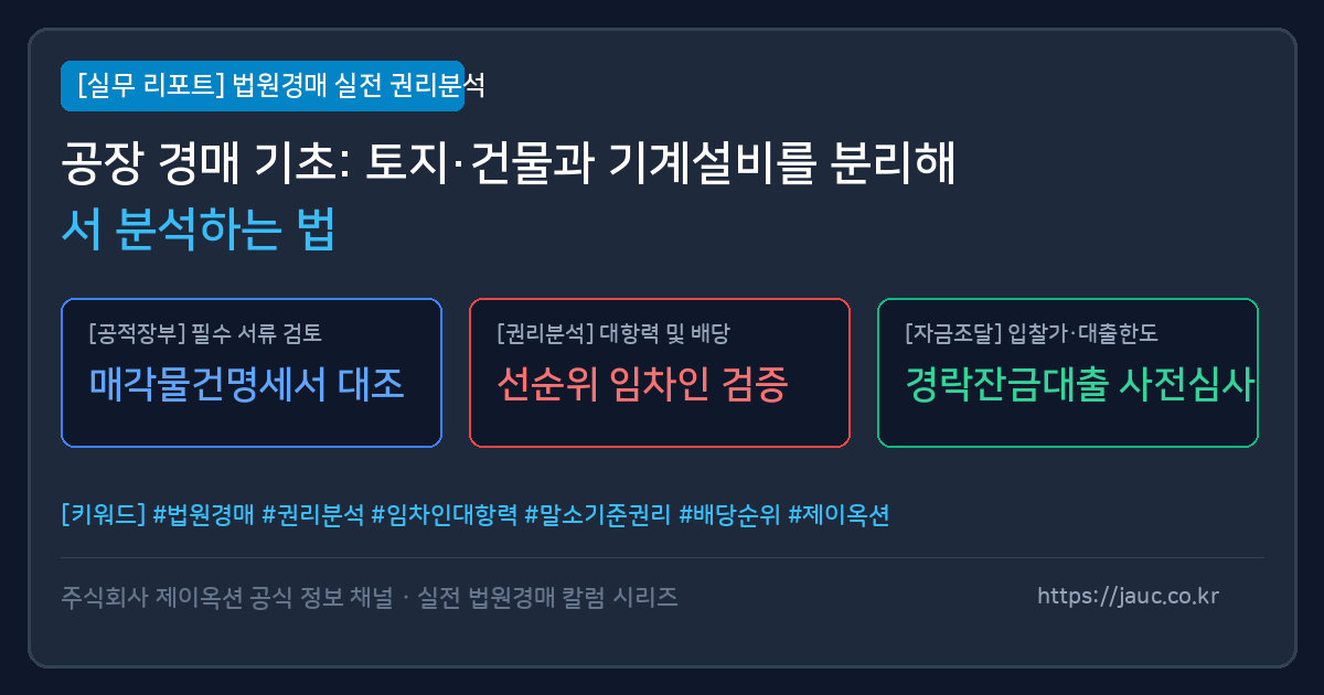 공장 경매 시 토지 건물과 기계설비 분석 항목을 정리한 체크리스트 그래픽
