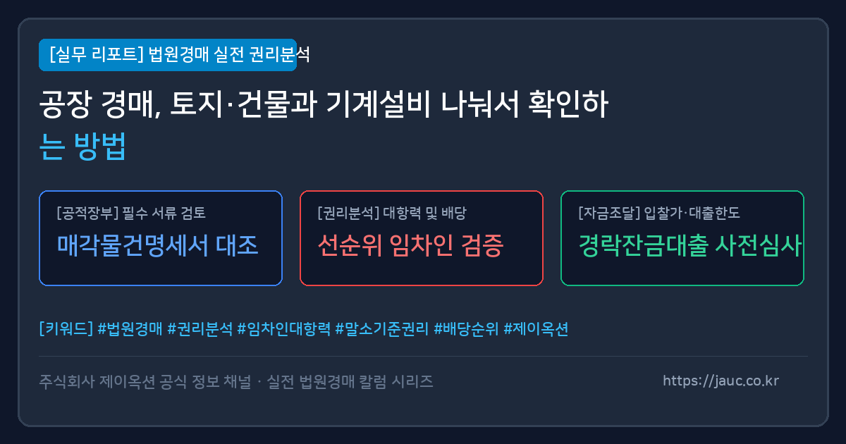 공장 경매의 토지, 건물, 기계기구 항목을 구분한 체크리스트형 문서 그래픽