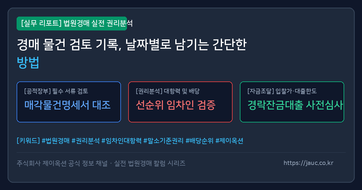날짜별 항목이 정리된 경매 물건 검토 체크리스트 문서 그래픽