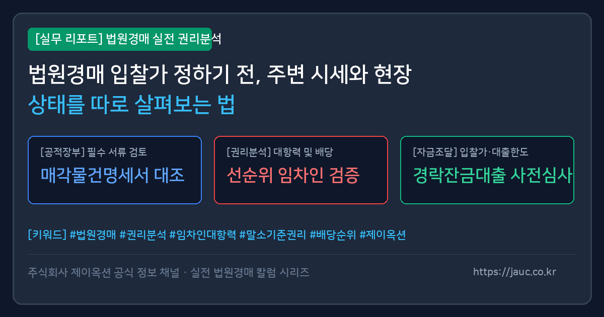 주변 거래 시세와 현장 상태 점검 항목을 두 칸으로 나눠 정리한 체크리스트형 문서 그래픽