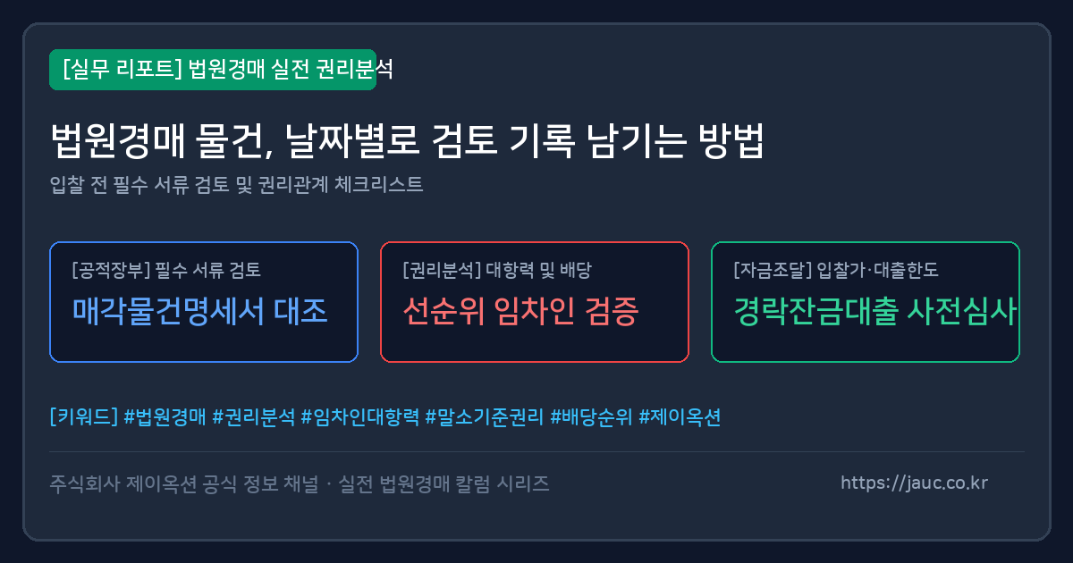 날짜별 경매 물건 검토 기록을 정리한 체크리스트 스타일 그래픽