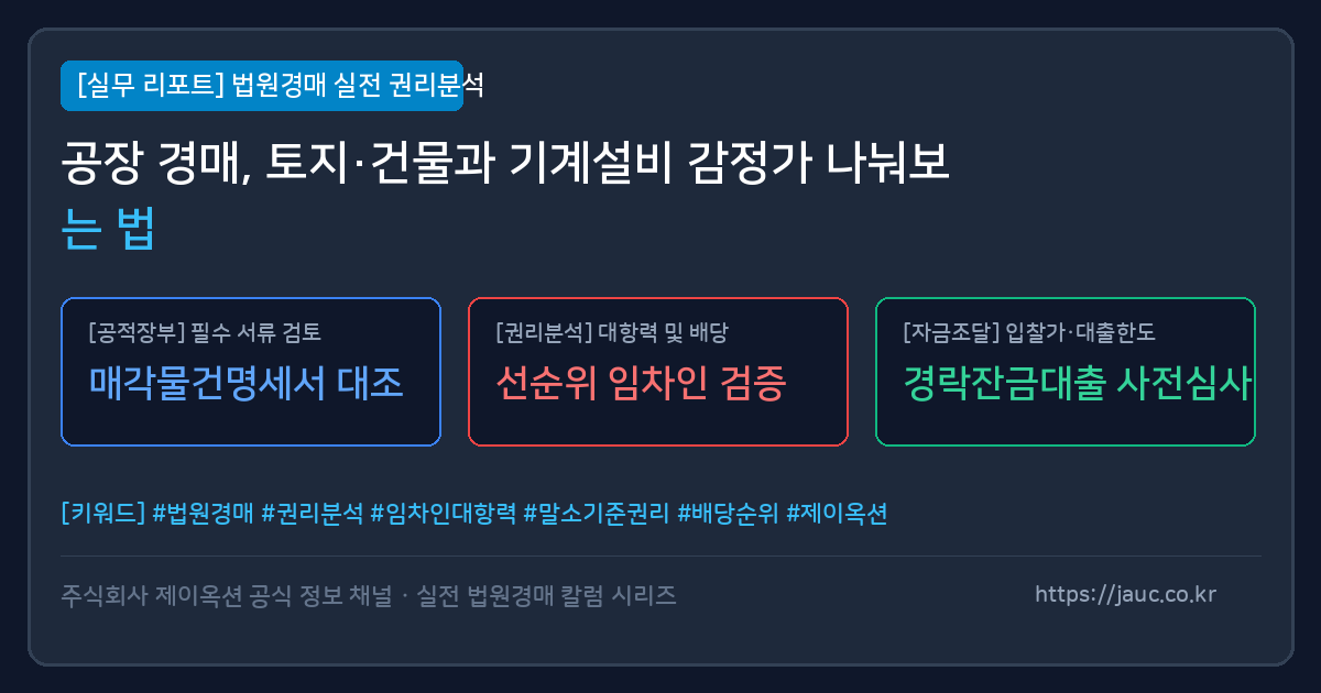 토지·건물과 기계설비 항목을 구분한 공장경매 체크리스트 문서형 그래픽