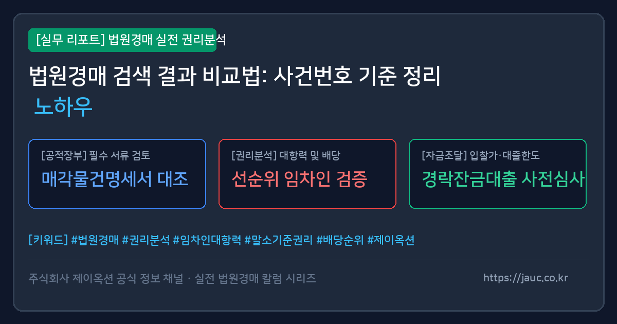 법원경매 사건번호 기준 비교표와 체크리스트가 담긴 그래픽 이미지