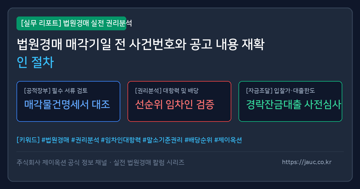 매각기일 전 사건번호와 법원 공고 재확인 순서를 정리한 일러스트 이미지