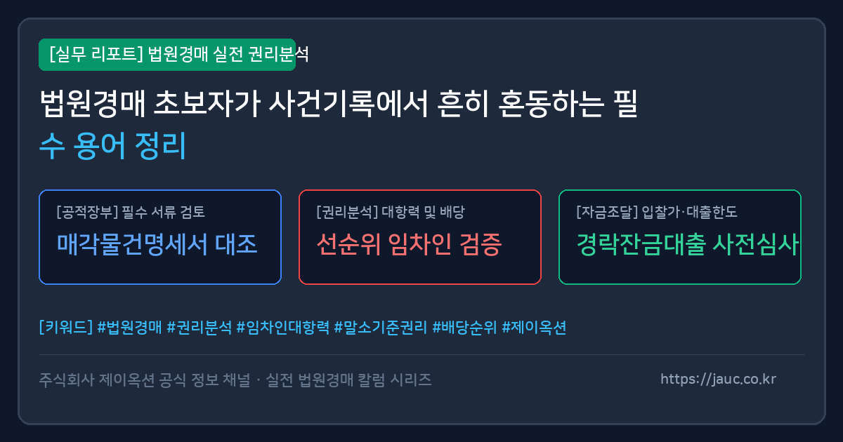 법원경매 사건기록 주요 혼동 용어를 설명하는 리포트 체크리스트 그래픽