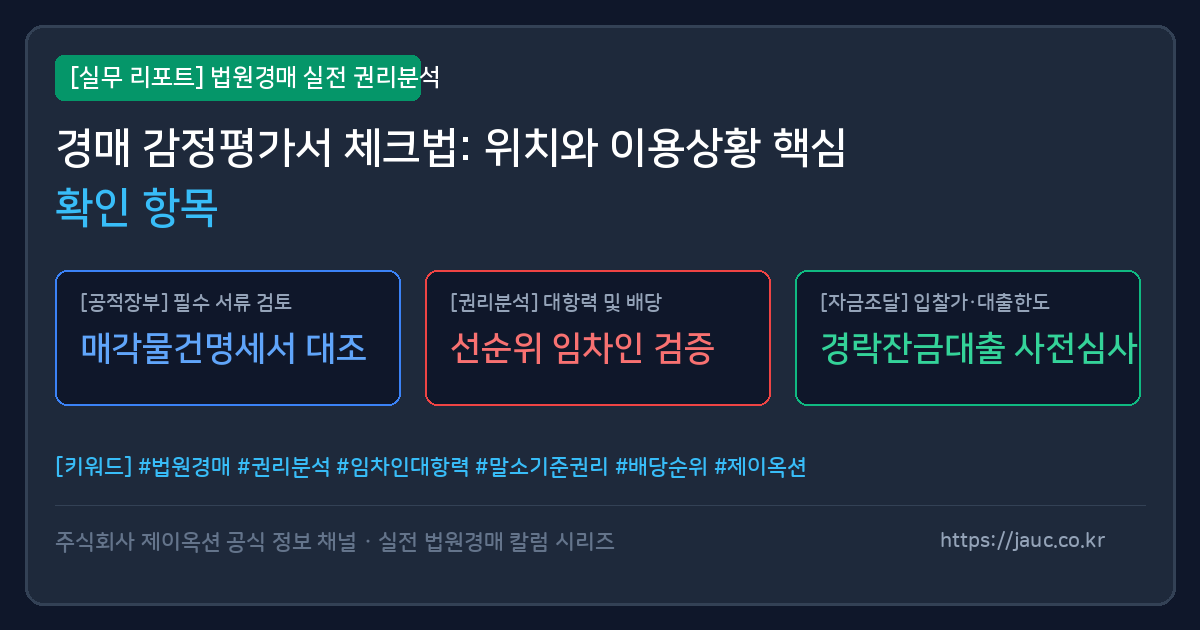 경매 감정평가서의 위치 및 이용상황 핵심 확인 항목을 정리한 체크리스트 그래픽