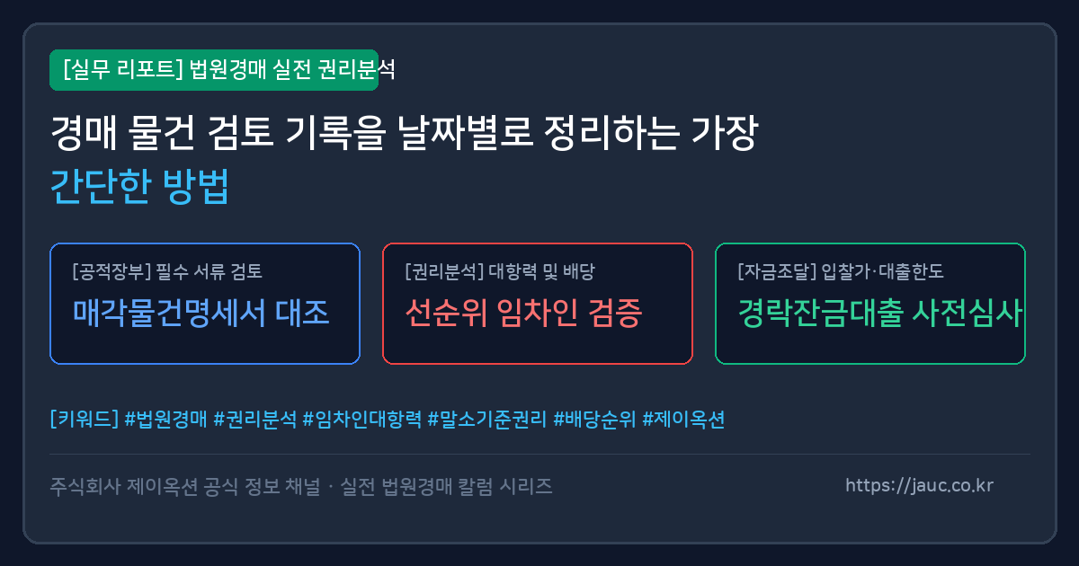 날짜별 경매 물건 검토 체크리스트와 기록 양식을 나타낸 문서 그래픽 일러스트