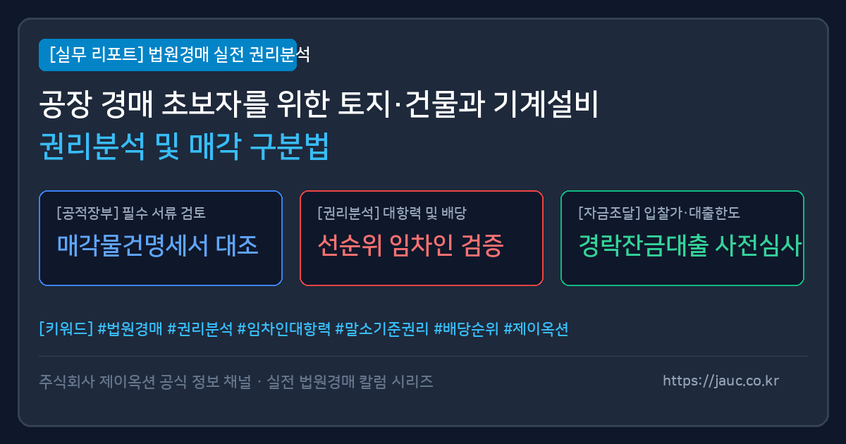 공장 경매 시 토지 건물과 기계설비 구분 확인 포인트를 정리한 그래픽 체크리스트