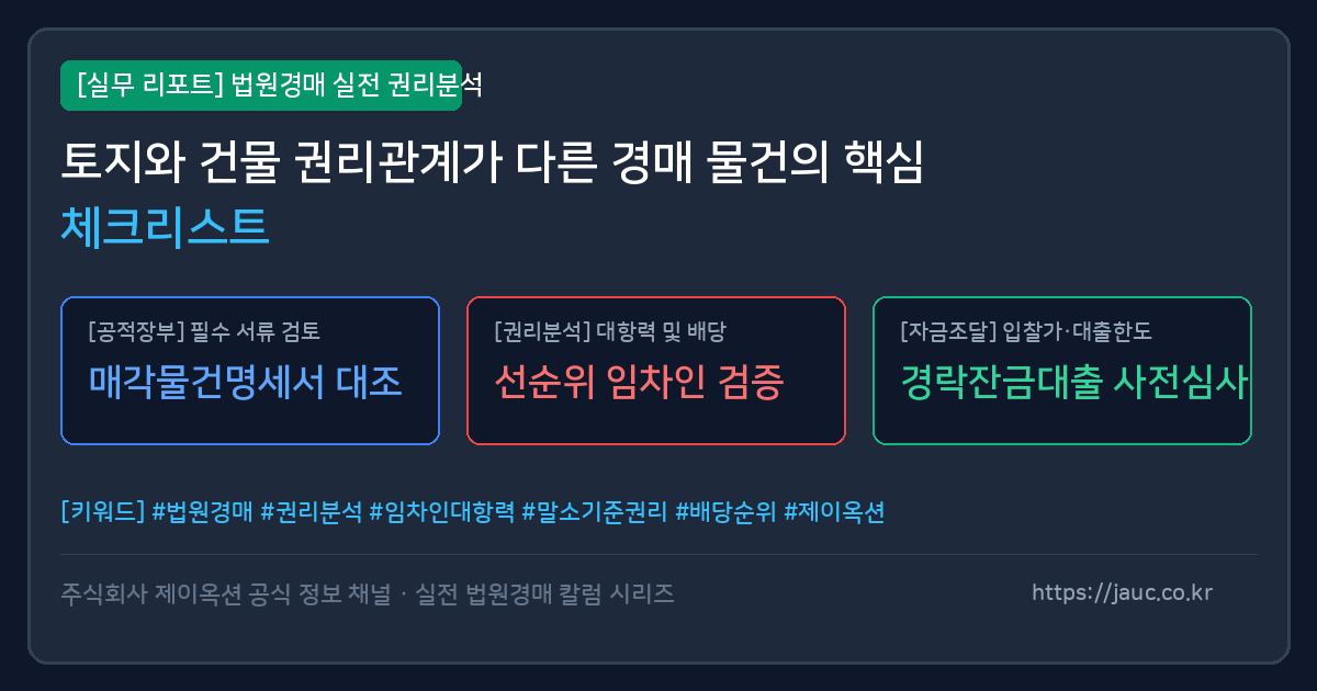 토지와 건물 권리관계 분석 항목이 정돈된 법률 체크리스트 그래픽