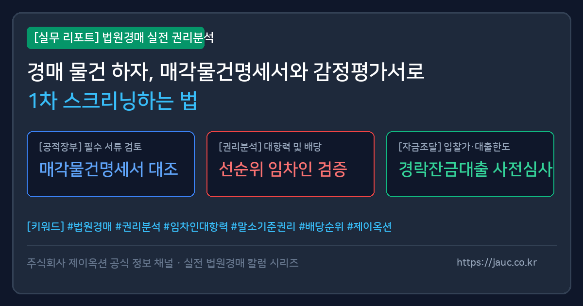 경매 물건 문서 분석 및 하자 체크리스트를 표현한 그래픽 이미지