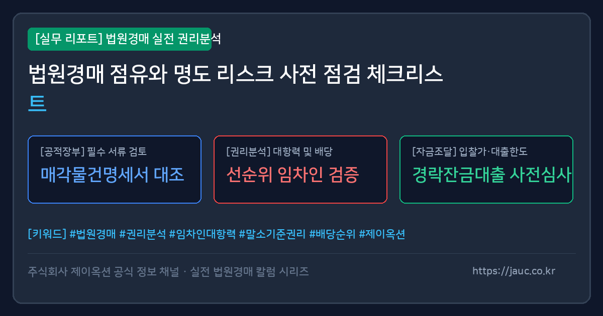 법원경매 점유 및 명도 리스크 점검 항목이 정리된 체크리스트 그래픽 이미지
