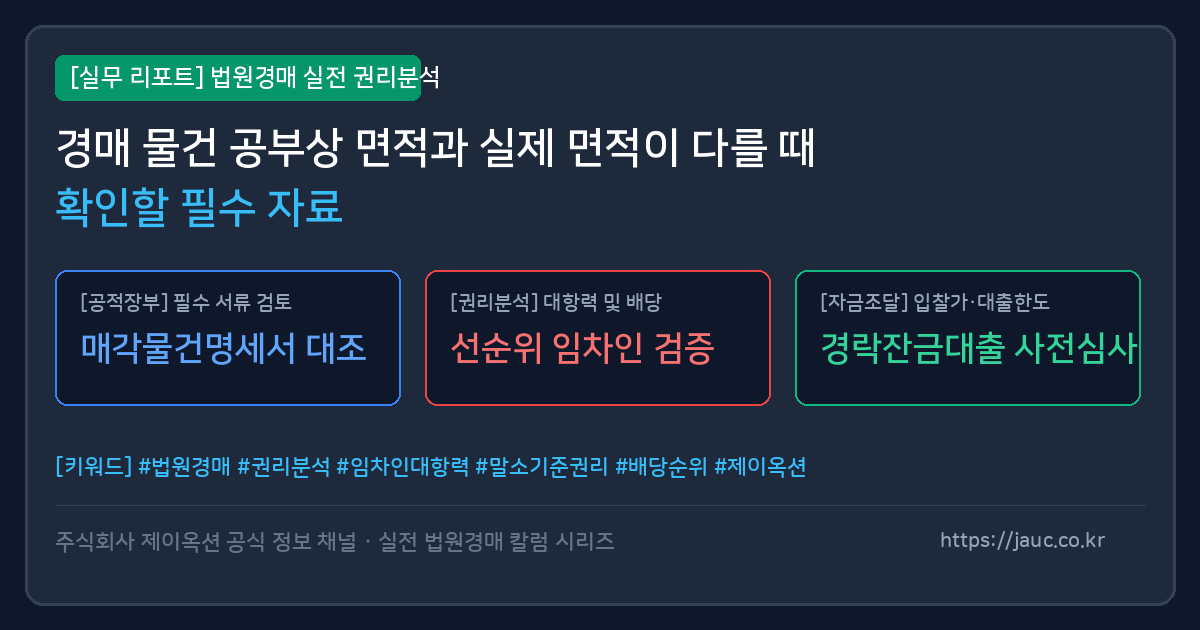 경매 물건의 공부상 면적과 실제 면적 차이를 비교 확인하기 위한 서류 체크리스트 그래픽