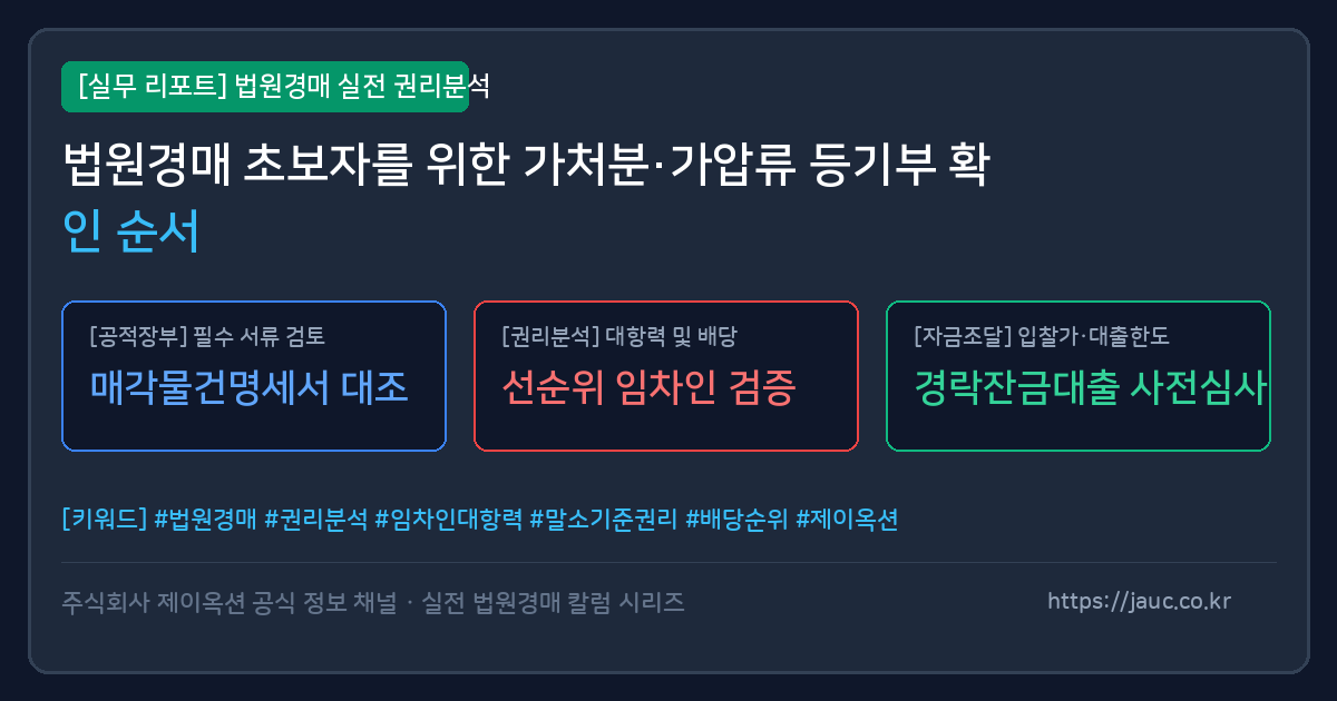 법원경매 물건의 가처분과 가압류 기록을 확인하는 순서를 나타낸 체크리스트 그래픽