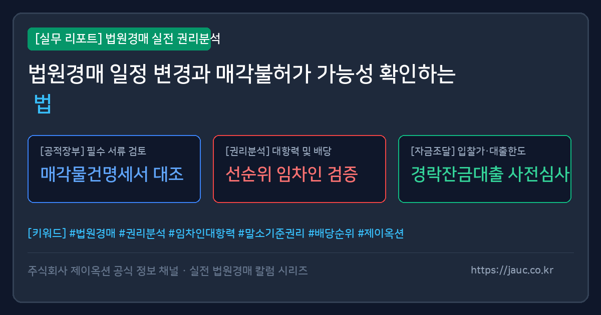 법원경매 일정 변경 및 매각불허가 확인 절차를 나타낸 안내 그래픽 이미지