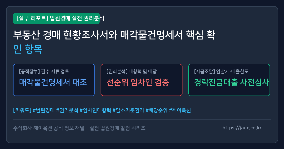 법원경매 현황조사서와 매각물건명세서의 주요 분석 항목을 정리한 체크리스트 인포그래픽