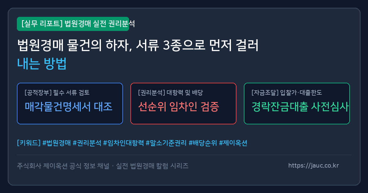 경매 물건 하자 분석을 위한 세 가지 서류 검토 체크리스트 그래픽