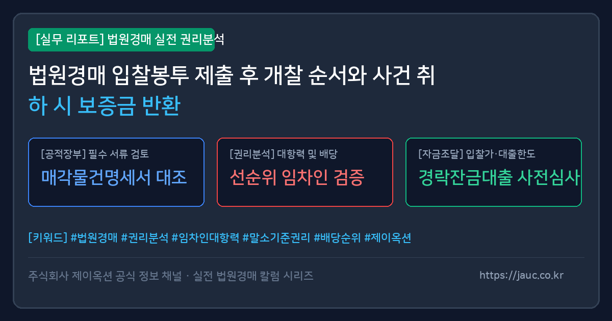 법원경매 입찰 마감 후 개찰 절차와 보증금 반환 순서를 요약한 인포그래픽 문서