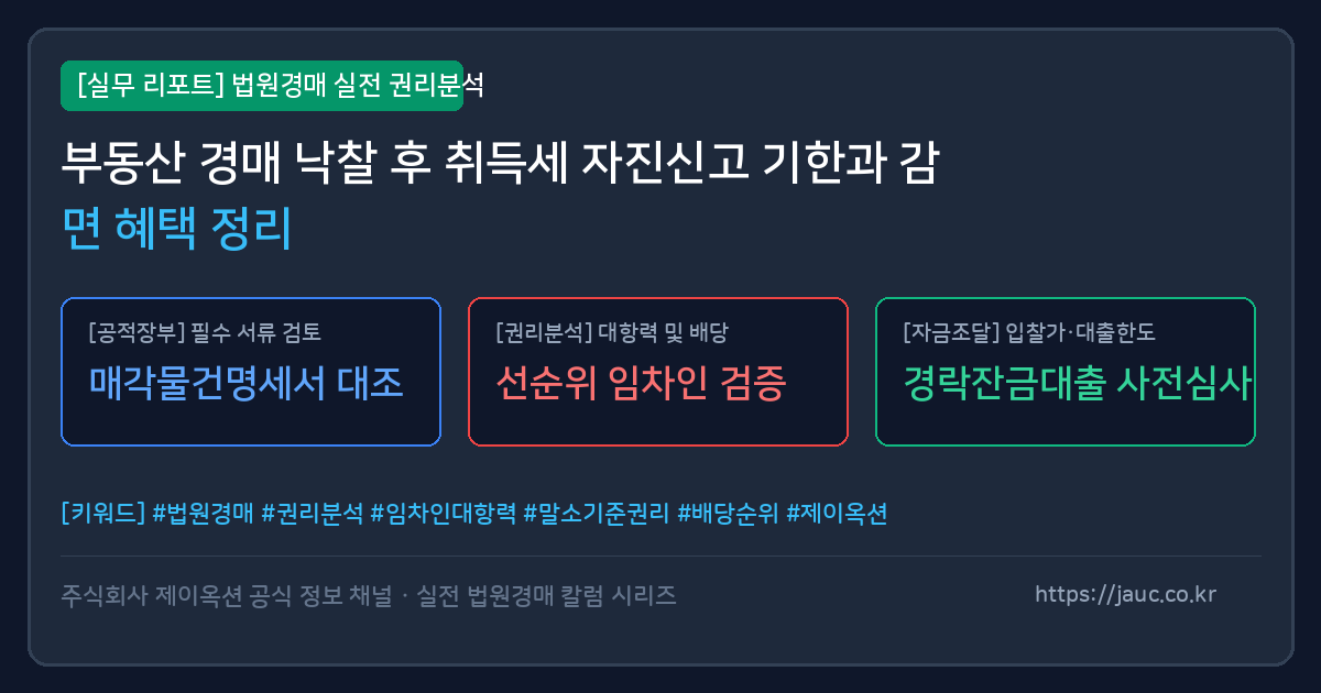 경매 낙찰 후 60일 이내 취득세 자진신고 기한과 필요 서류를 정리한 인포그래픽 그래픽