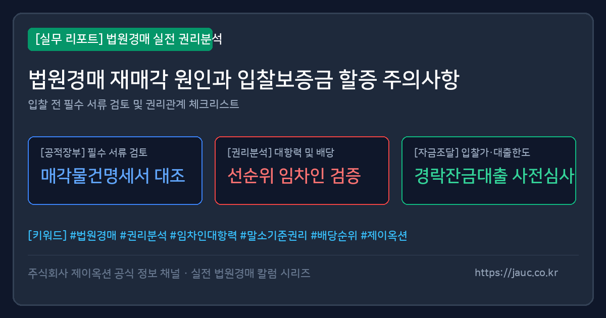 법원경매 재매각 사건의 대금미납 원인과 입찰보증금 할증 확인을 설명하는 인포그래픽 리포트