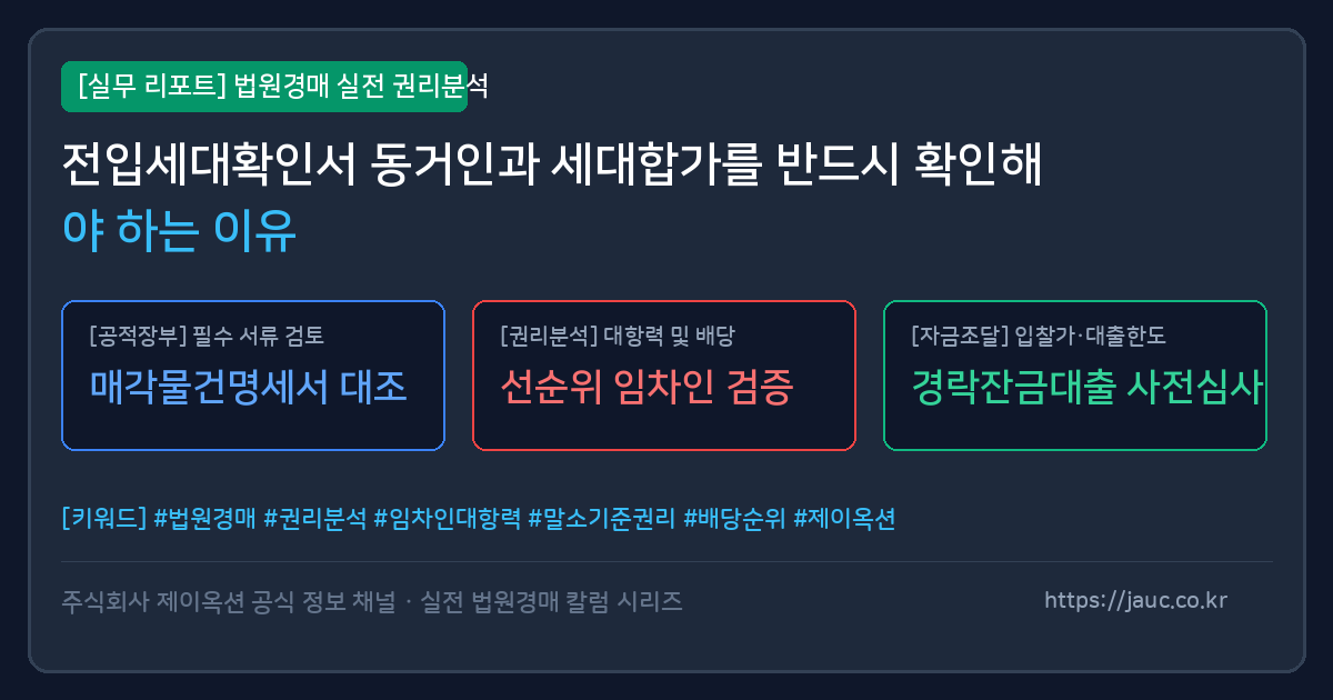 경매 권리분석을 위한 전입세대확인서와 체크리스트를 도식화한 그래픽 이미지