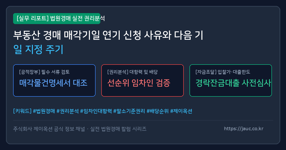 부동산 경매 매각기일 연기 사유와 다음 기일 지정 주기를 설명하는 인포그래픽 리포트