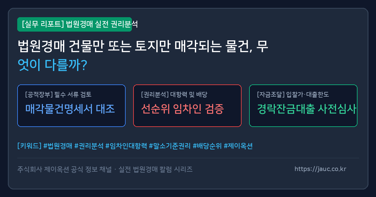 법원경매 토지 단독 매각과 건물 단독 매각의 차이점을 비교하는 인포그래픽 리포트
