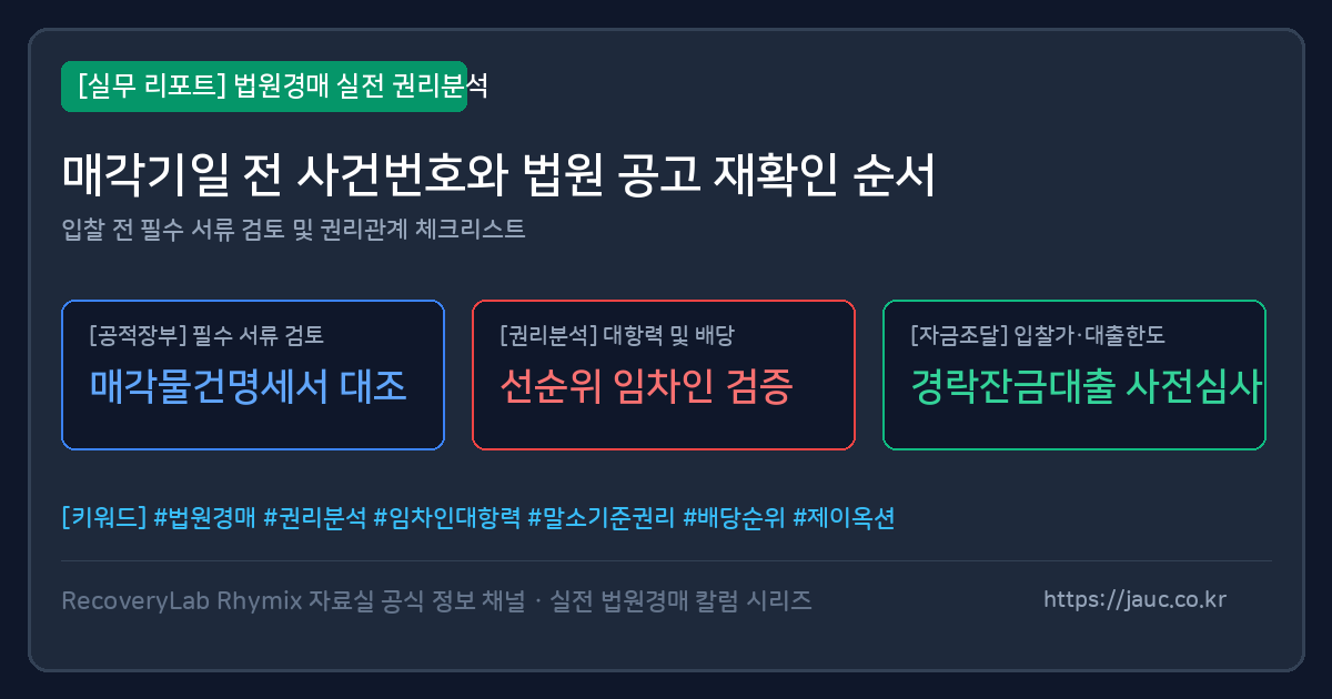 법원경매 사건번호와 공고 재확인 순서를 정리한 체크리스트 그래픽