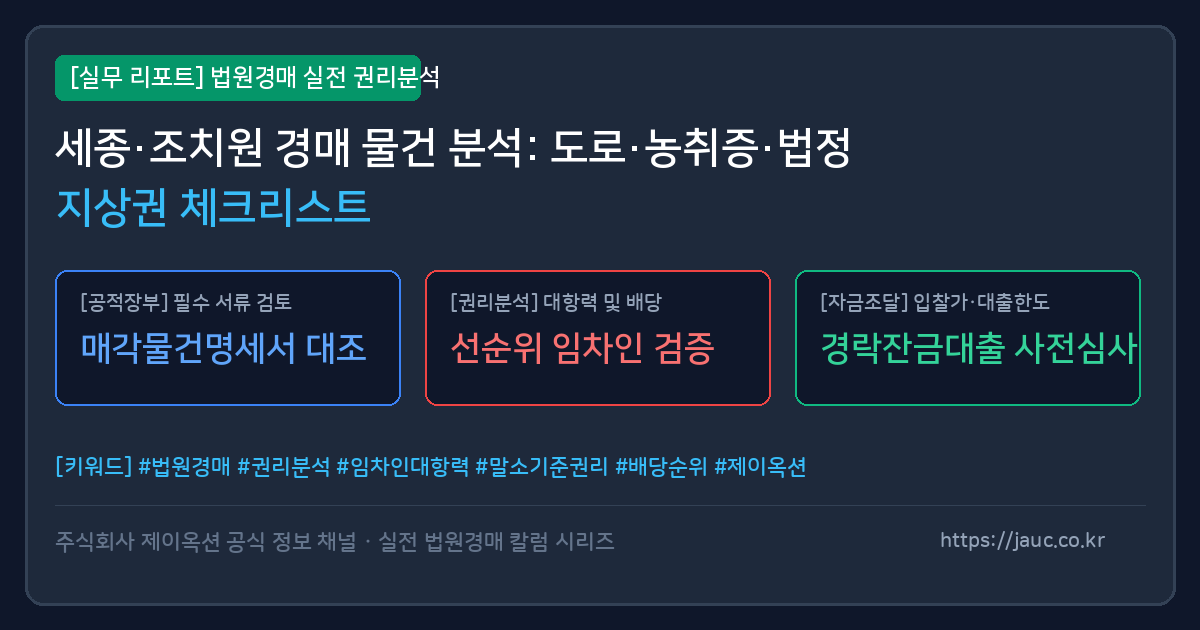 세종 행정중심복합도시 및 조치원 경매 토지 분석 체크리스트 인포그래픽