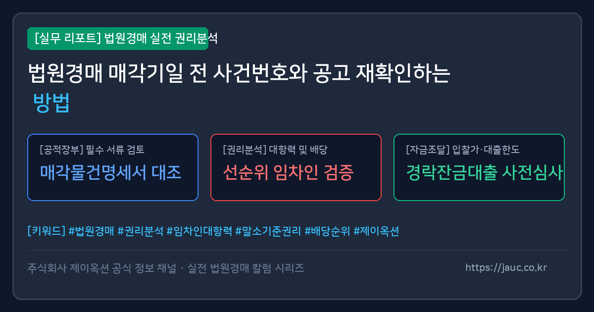 법원경매 매각기일 전 사건번호와 공고 재확인 체크리스트 그래픽