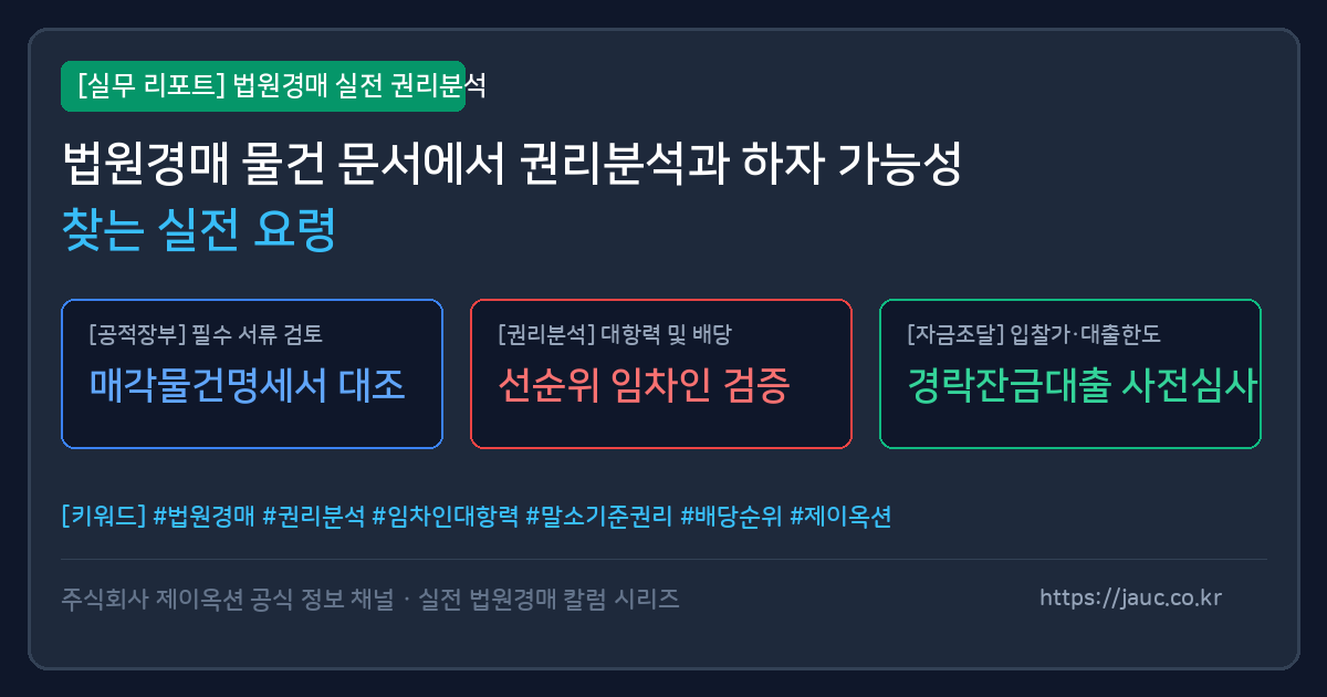 법원경매 물건 문서 분석 및 체크리스트를 보여주는 그래픽 이미지