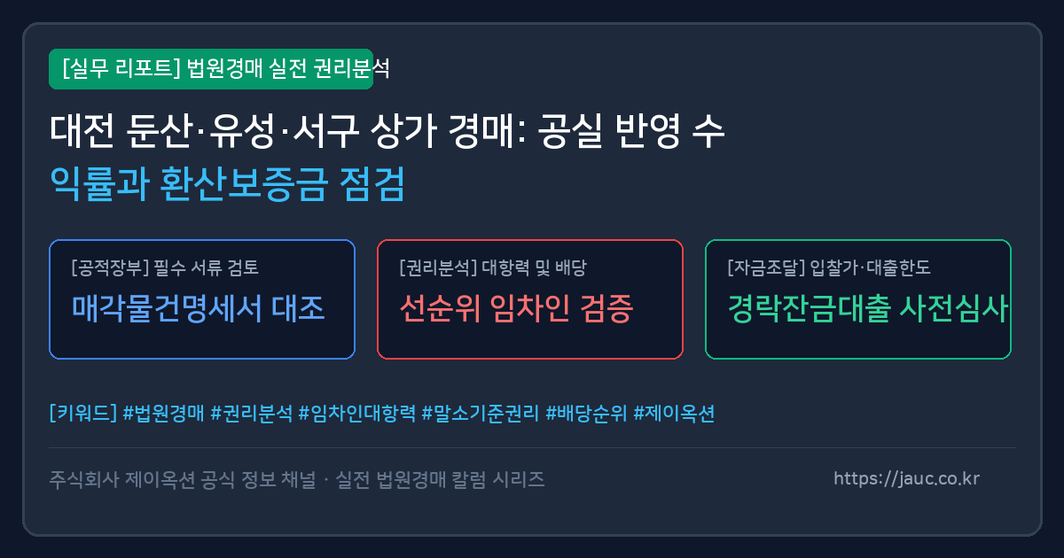 대전 둔산 유성 서구 상가 경매 수익률 계산 및 환산보증금 점검표 인포그래픽