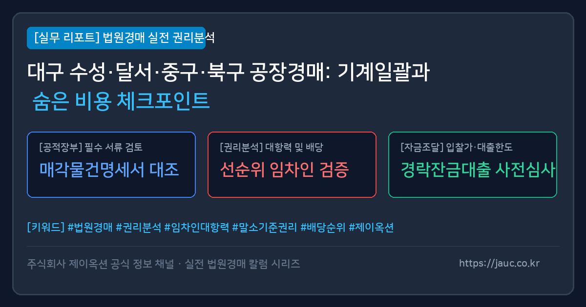 대구 공장 창고 경매 시 기계기구 일괄매각 및 비용 체크포인트를 정리한 인포그래픽