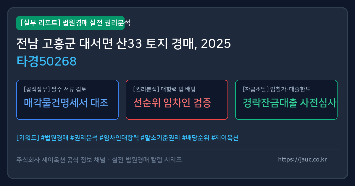 고흥 토지 경매 물건의 확인 포인트를 정리한 안내 그래픽
