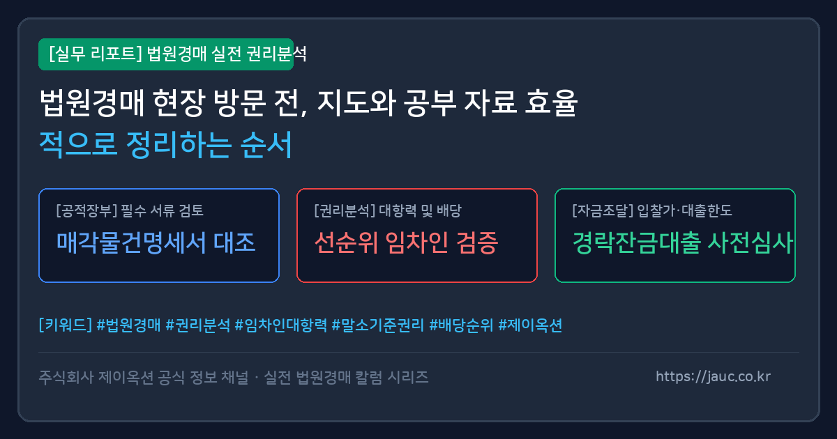 법원경매 현장 방문 전 지도와 공부 자료 정리를 보여주는 인포그래픽