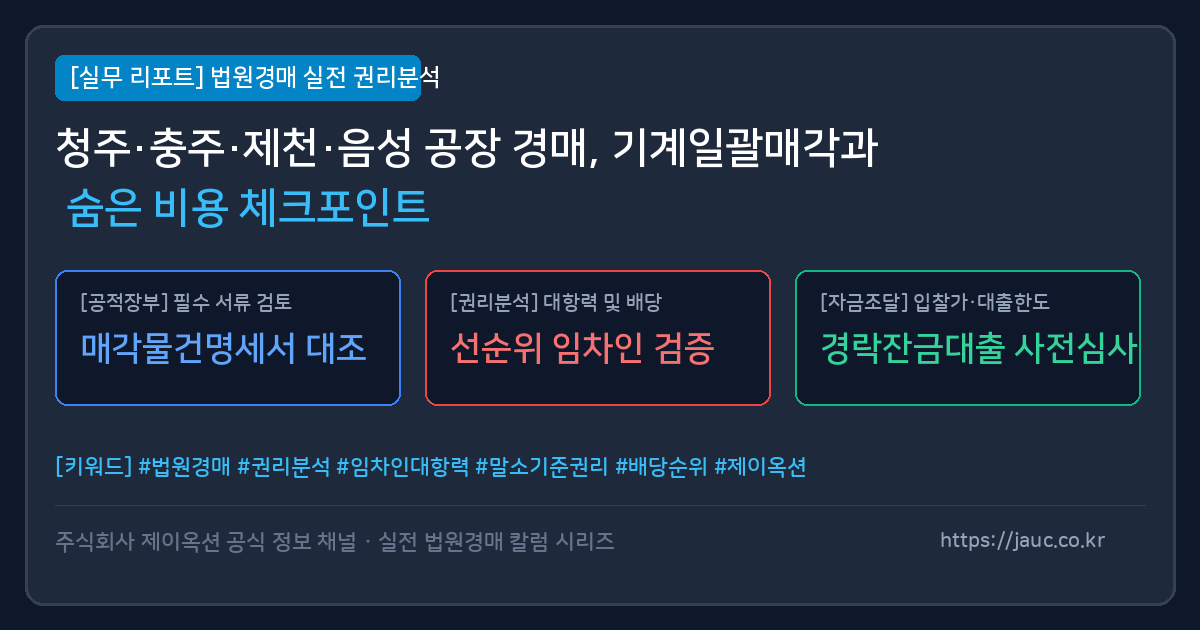 공장 경매 시 확인해야 할 기계기구, 폐기물, 전기승압 비용 체크리스트 인포그래픽