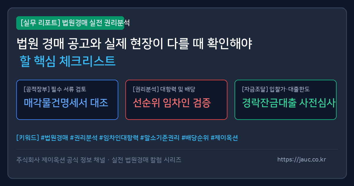 법원 경매 공고와 현장 상태를 비교하는 체크리스트 문서 그래픽