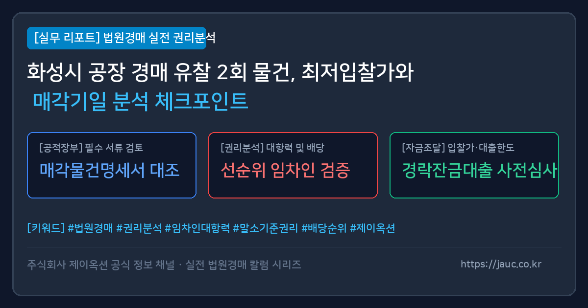 화성시 공장 경매 유찰 2회 물건 분석 체크리스트 및 매각기일 확인 안내 그래픽