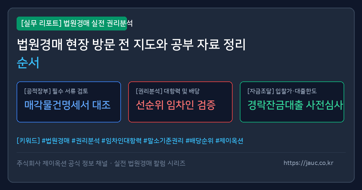 법원경매 현장 방문 전 지도와 서류 확인 순서를 정리한 체크리스트 그래픽