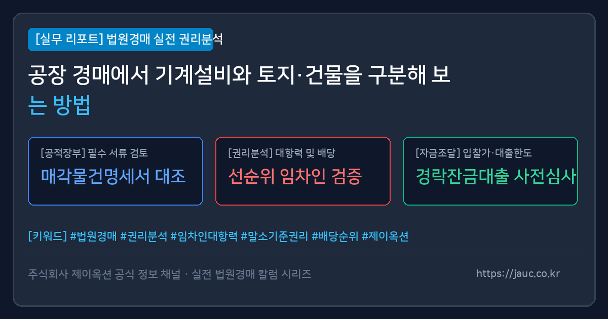 공장 경매에서 토지 건물과 기계설비를 구분하는 체크리스트형 안내 이미지
